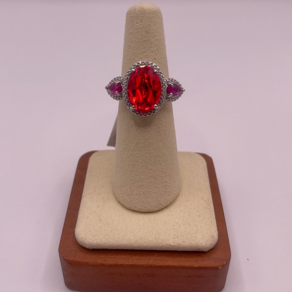 Jewelry - Simulated Ruby Rhinestone Ring - Silver Toned Victorian Setting Stainless Steel